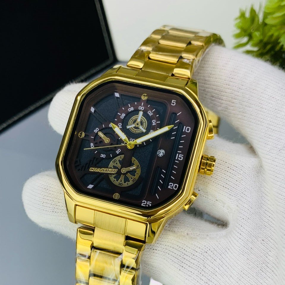 CHAXIGO Men's Gold Square Dial Watch | Gold Stainless Steel Chain | Brown/Black Dial | Luxury Chronograph Style Wristwatch